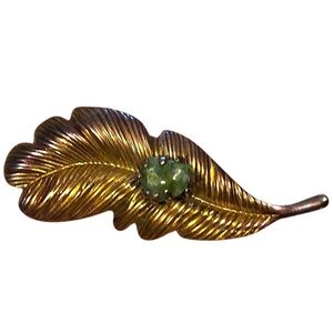 Vintage Copper Leaf and Jade Brooch 2”